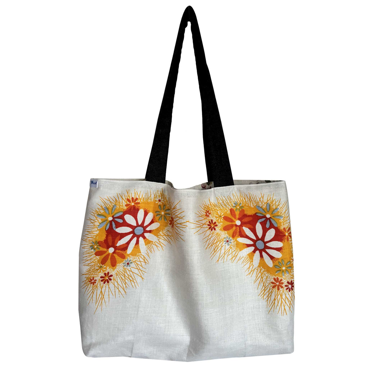 Orange floral vintage linen teatowel tote on white background