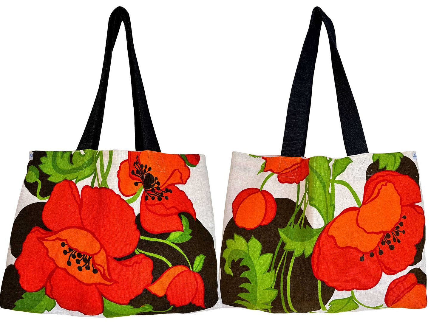 Poppies on creamy linen vintage teatowel tote