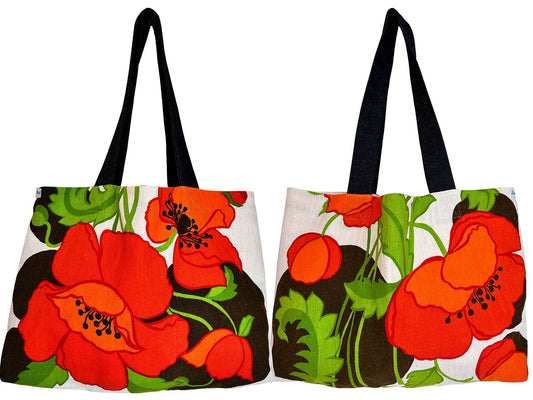 Poppies on creamy linen vintage teatowel tote