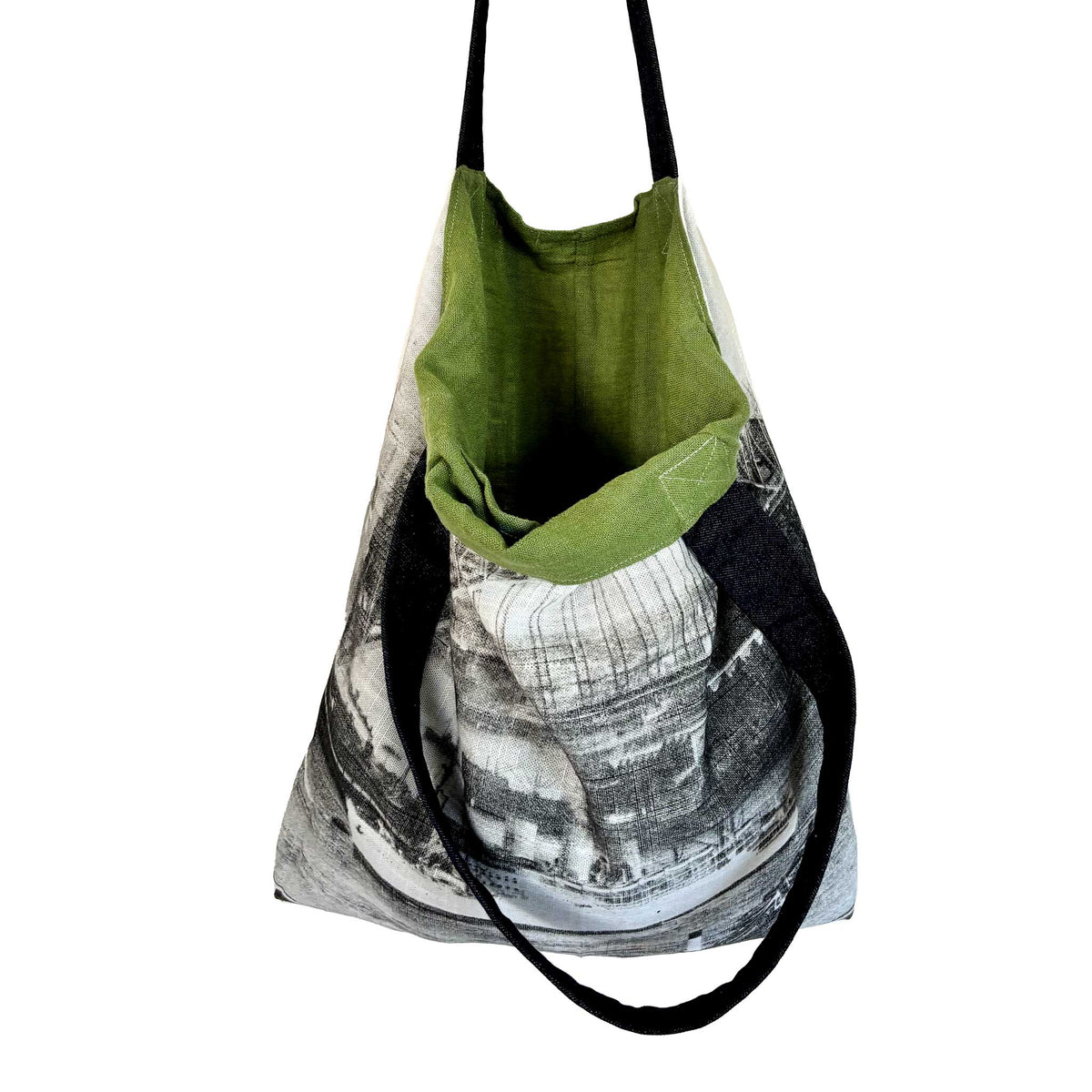 P+O teatowel tote with khaki linen teatowel interior, on white background