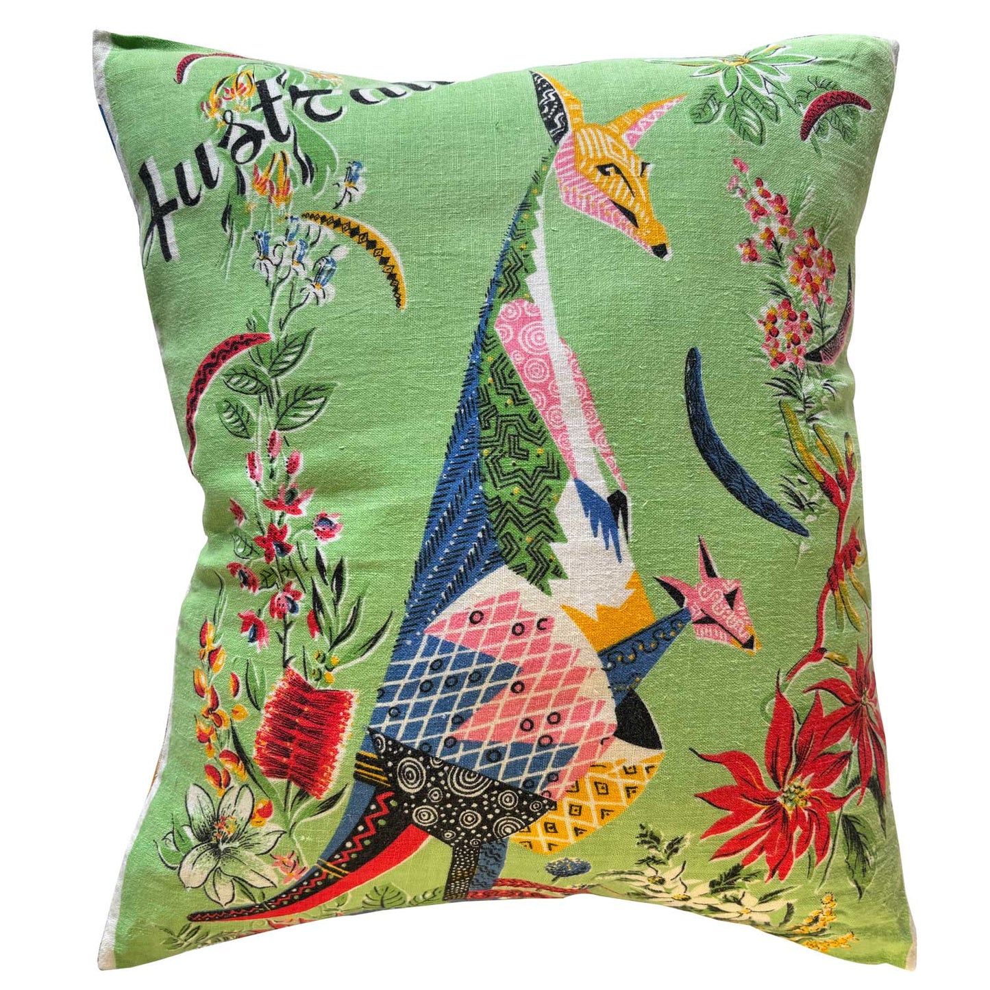 Patchwork Kangaroo and joey linen teatowel cushion cover