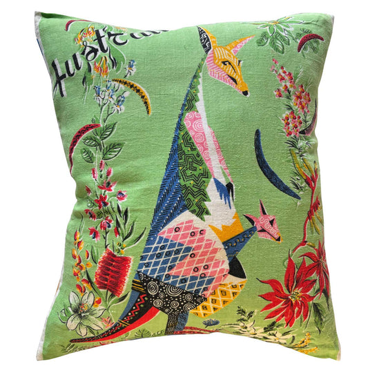 Patchwork Kangaroo and joey linen teatowel cushion cover