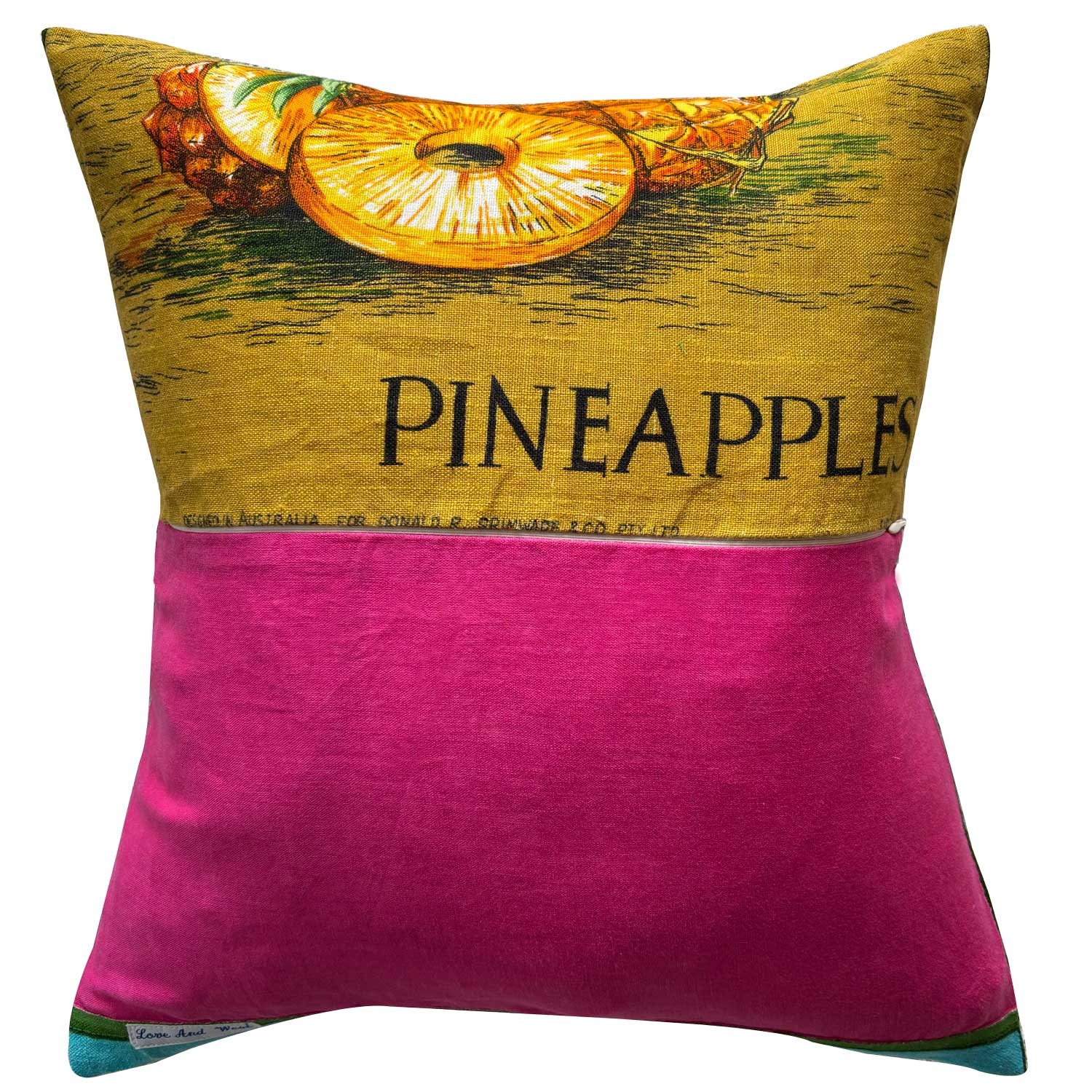Decorative vintage linen teatowel pineapple farm pillow, on white background