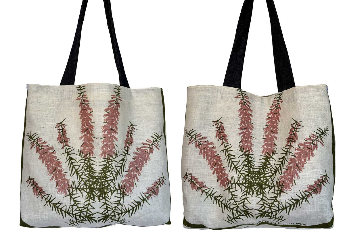 Pink heath flowers tea towel tote