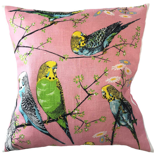 Pink budgerigar vintage linen teatowel cushion cover on white background