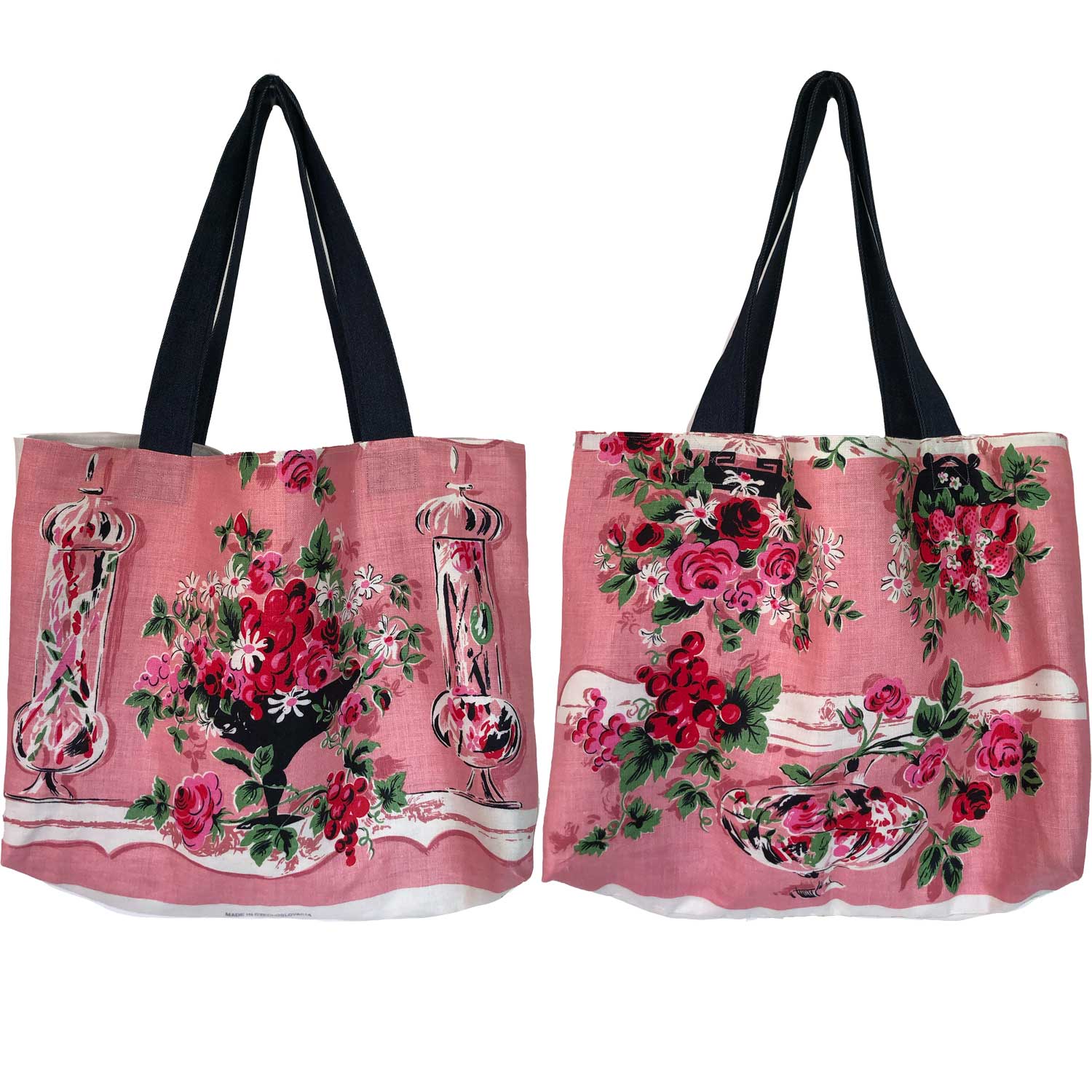 Pink vintage linen teatowel tote with pink roses and cherries image of shopping tote bag on white background