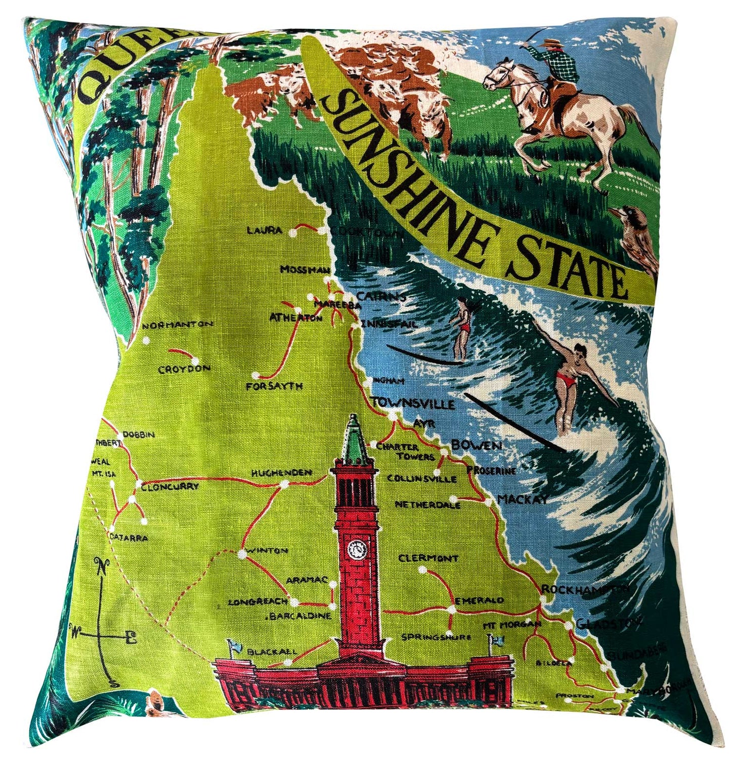 Decorative pillow with a map design of Queensland, Australia, featuring landmarks and text on white background
