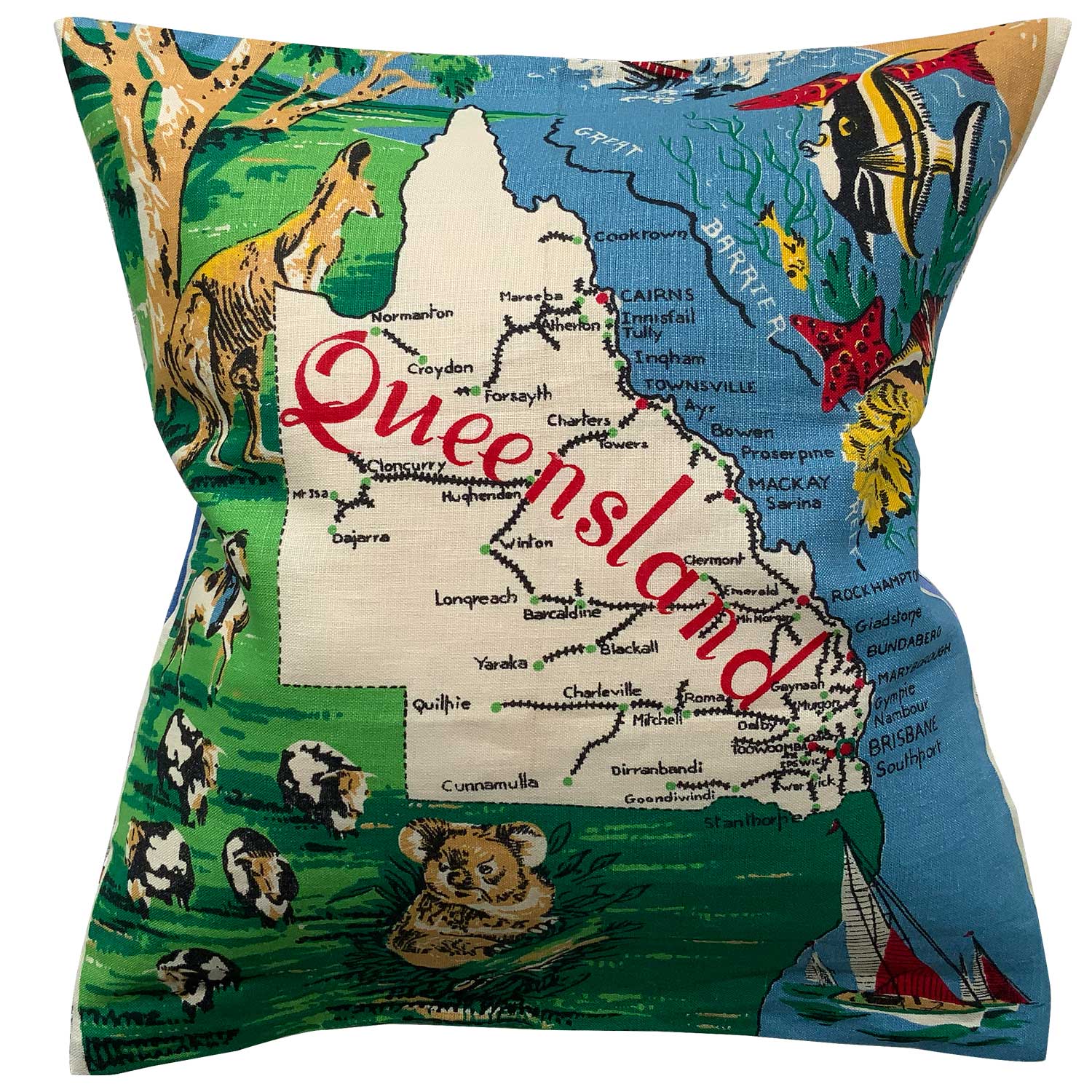 Queensland vintage linen teatowel cushion cover n white background