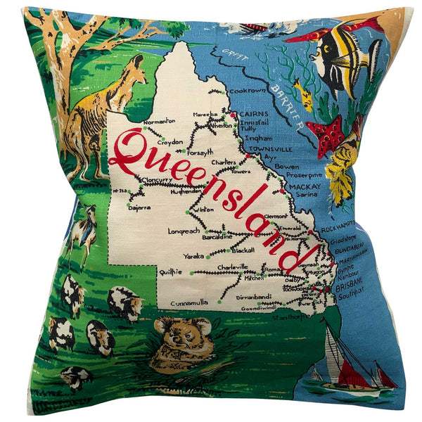 Queensland vintage linen teatowel cushion cover n white background