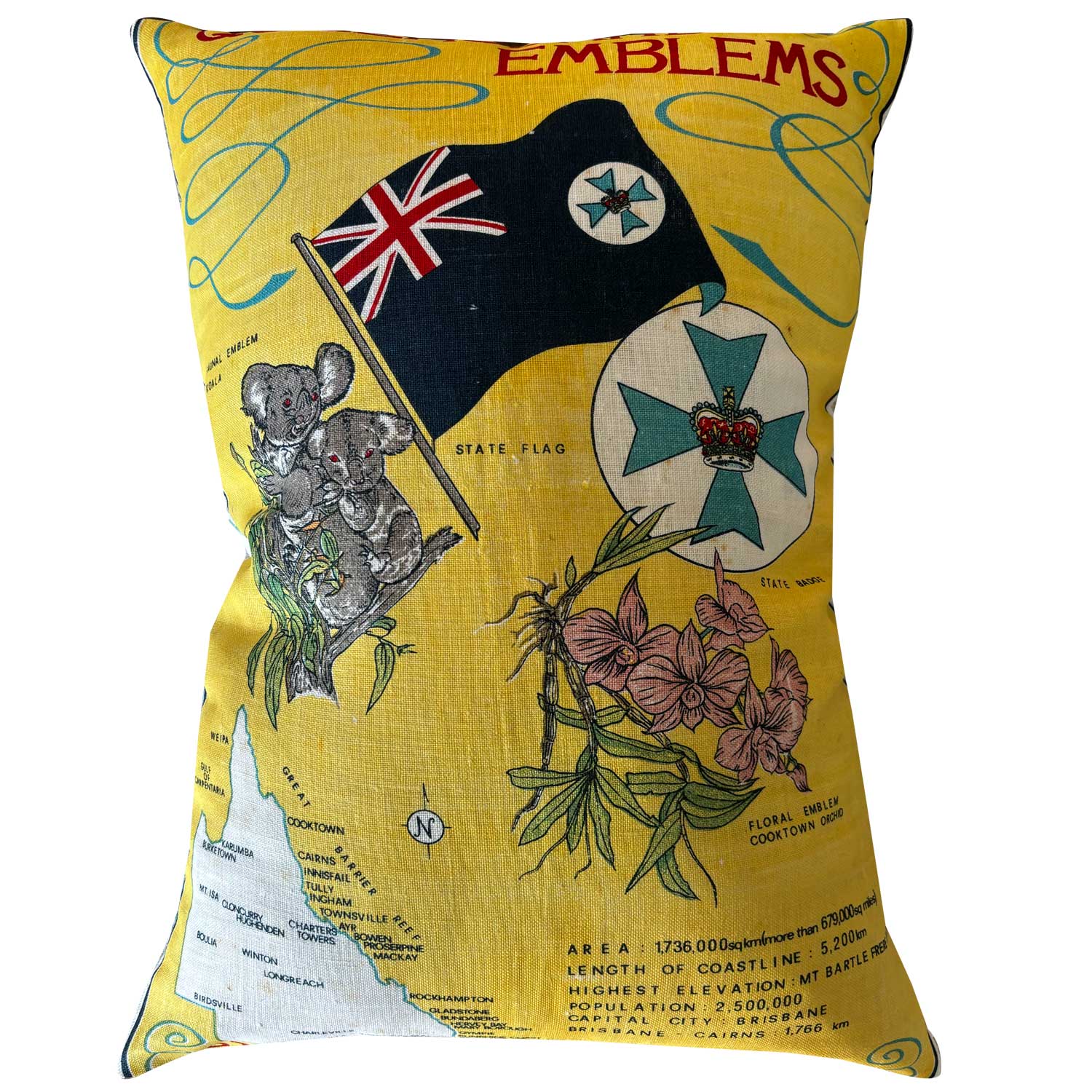 Emblems of Queensland souvenir teatowel pilllow cover on white background