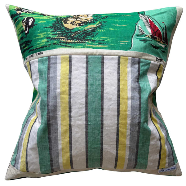 Decorative Queensland souvenir teatowel pillow with green and yellow striped pattern on a white background