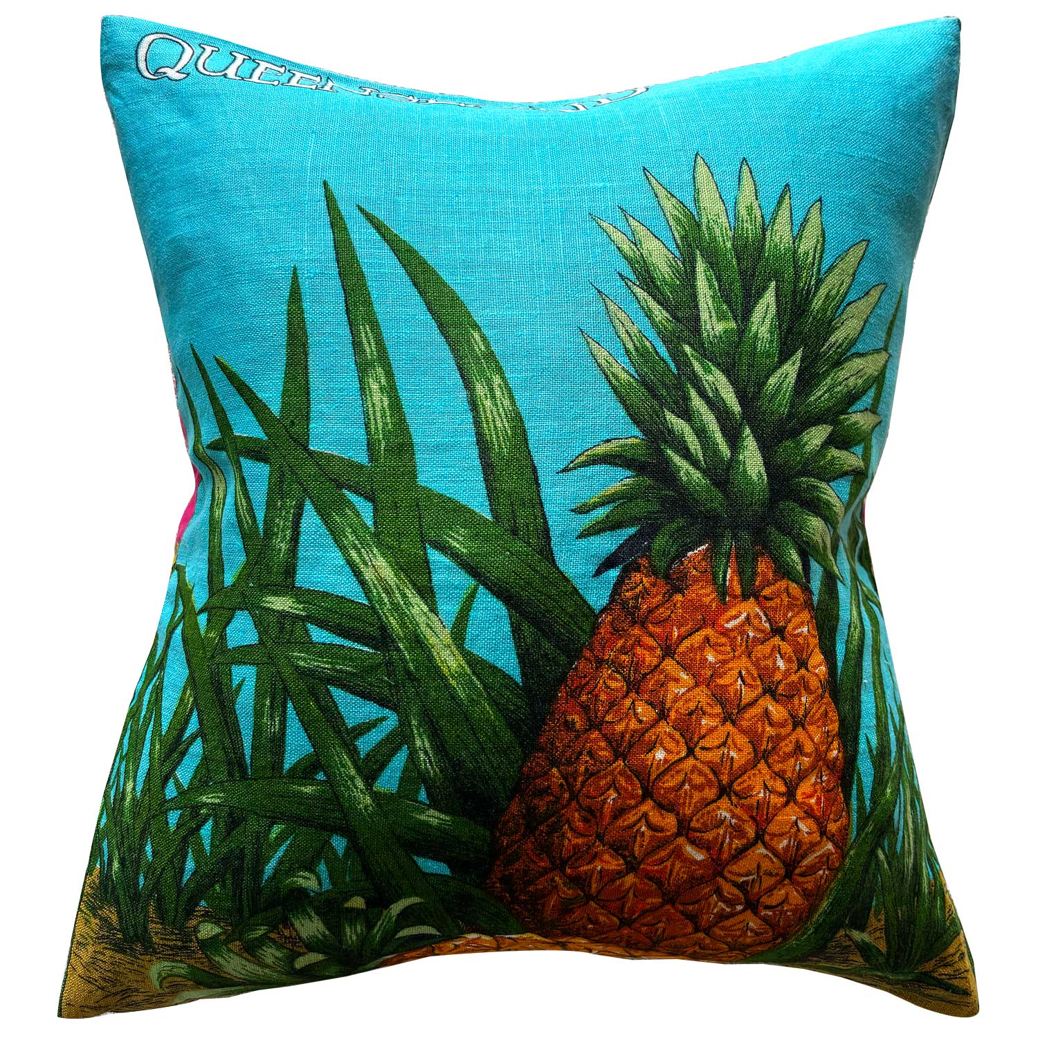 Decorative vintage linen teatowel pineapple farm pillow, on white background