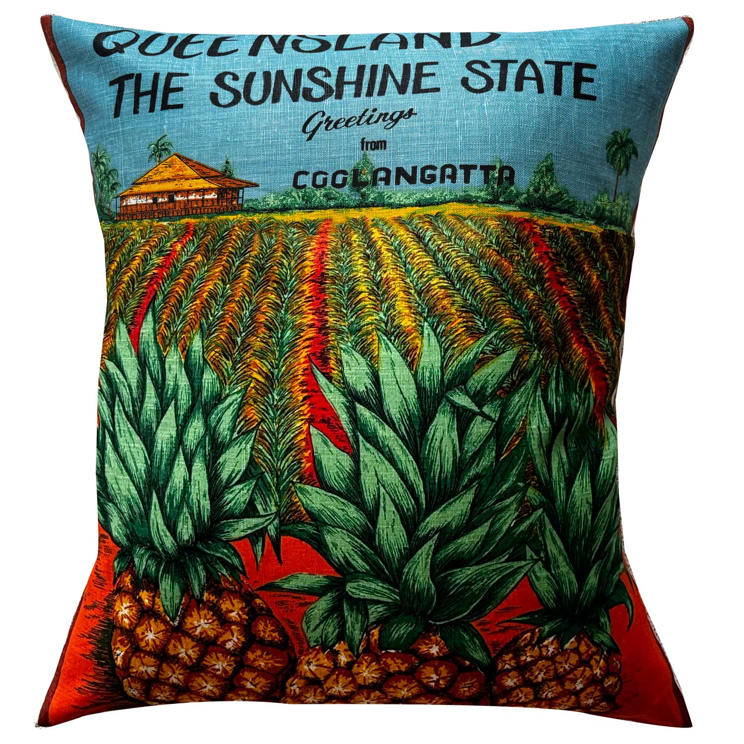 Decorative vintage linen teatowel pineapple farm pillow 'greetings from Coolangatta', on white background