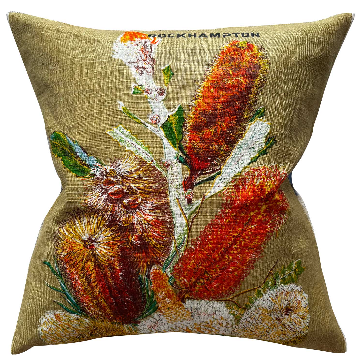 Decorative pillow repurposed from vintage linen teatowel with banksia flowers and 'Rockhampton' text on a khaki linen background
