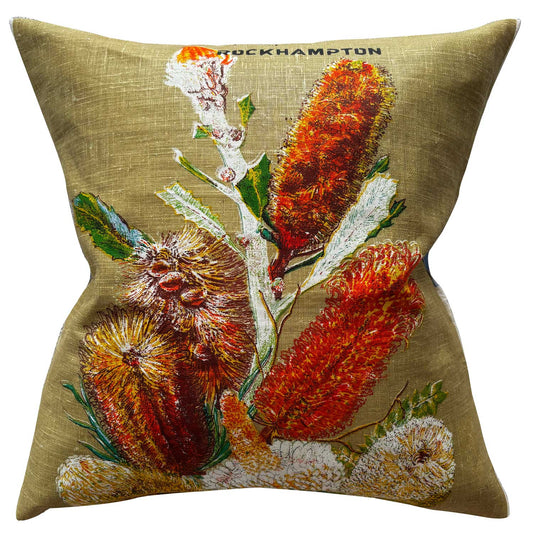 Decorative pillow repurposed from vintage linen teatowel with banksia flowers and 'Rockhampton' text on a khaki linen background