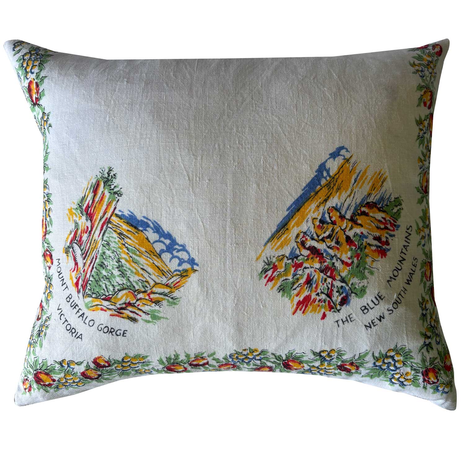 Australian capital cities vintage linen teatowel cushion cover on white background