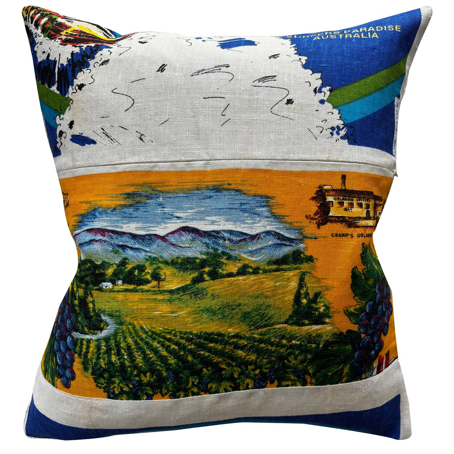 Sea World Surfers Paradise vintage teatowel cushion cover reverse, on white background