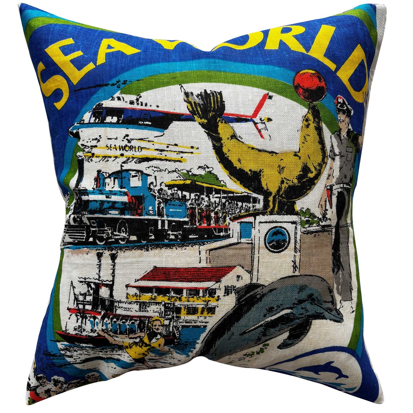 Sea World Surfers Paradise vintage teatowel cushion cover, on white background