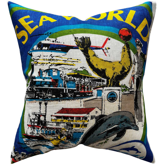 Sea World Surfers Paradise vintage teatowel cushion cover, on white background