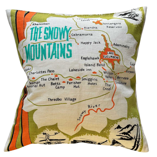 Snowy Mountains map vintage linen teatowel pillow cover