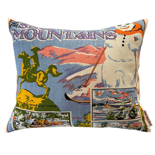 Snowy Mountains souvenir teatowel cushion cover on white background