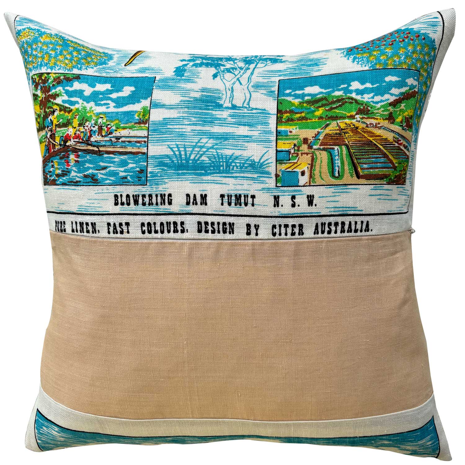 Decorative 'Snowy Mountains Trout Farm' teatowel cushion cover, reverse, on a white background.