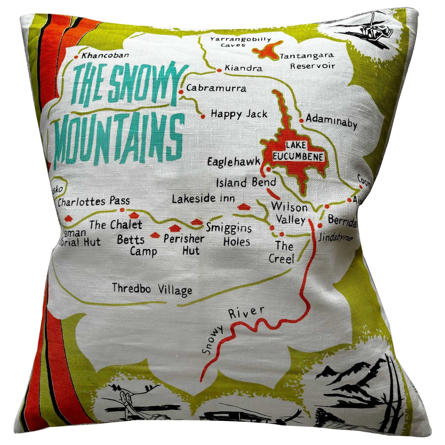 Snowy Mountains map vintage linen teatowel pillow cover