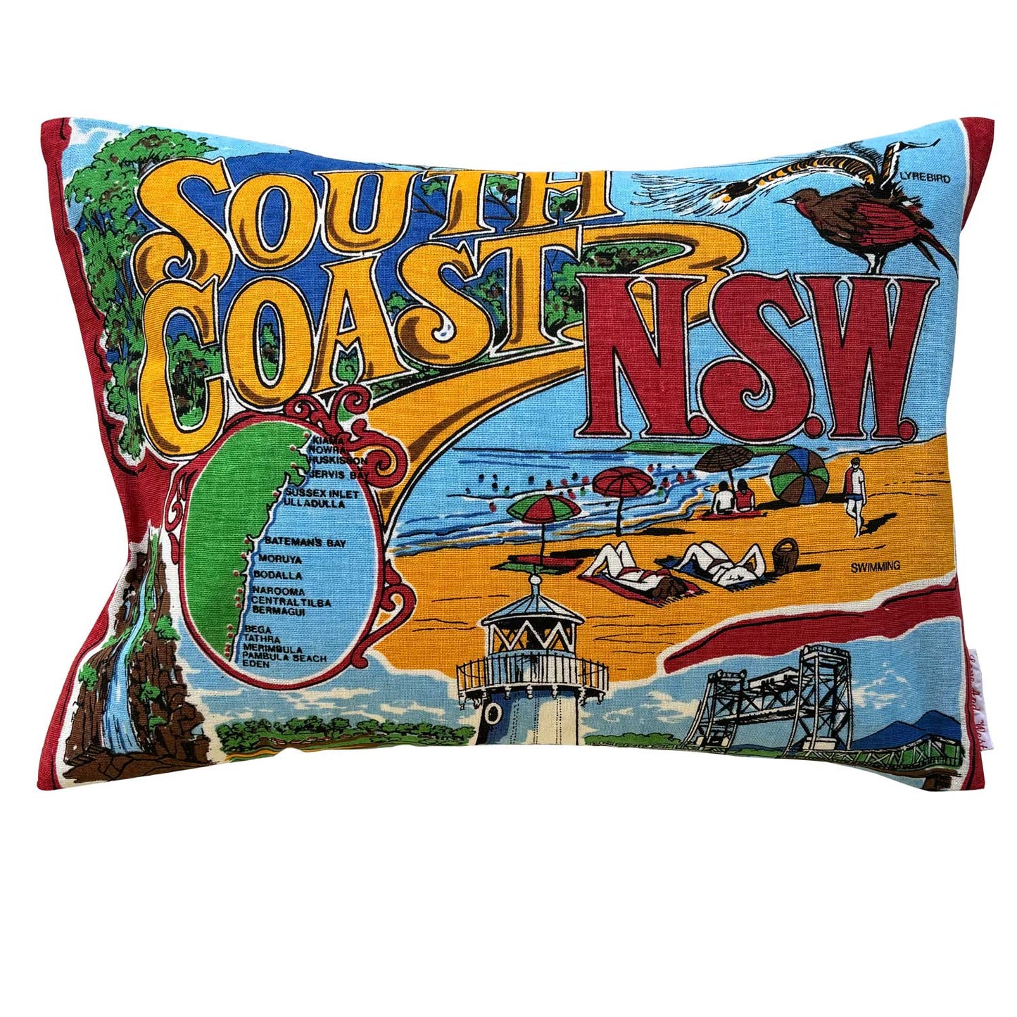 South Coast NSW vintage teatowel cushion cover featuring scenic illustrations on white background.