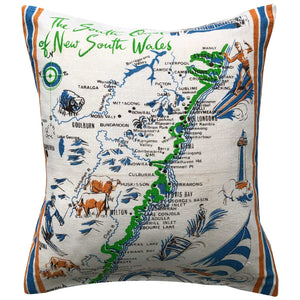 South Coast of New South Wales vintage linen teatowel cushion cover on white background