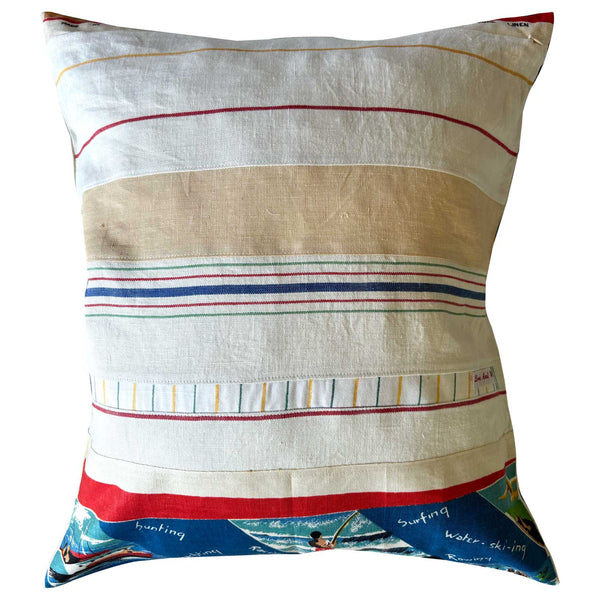 Sporting Australia vintage linen teatowel cushion cover , striped linen reverse, on white background.