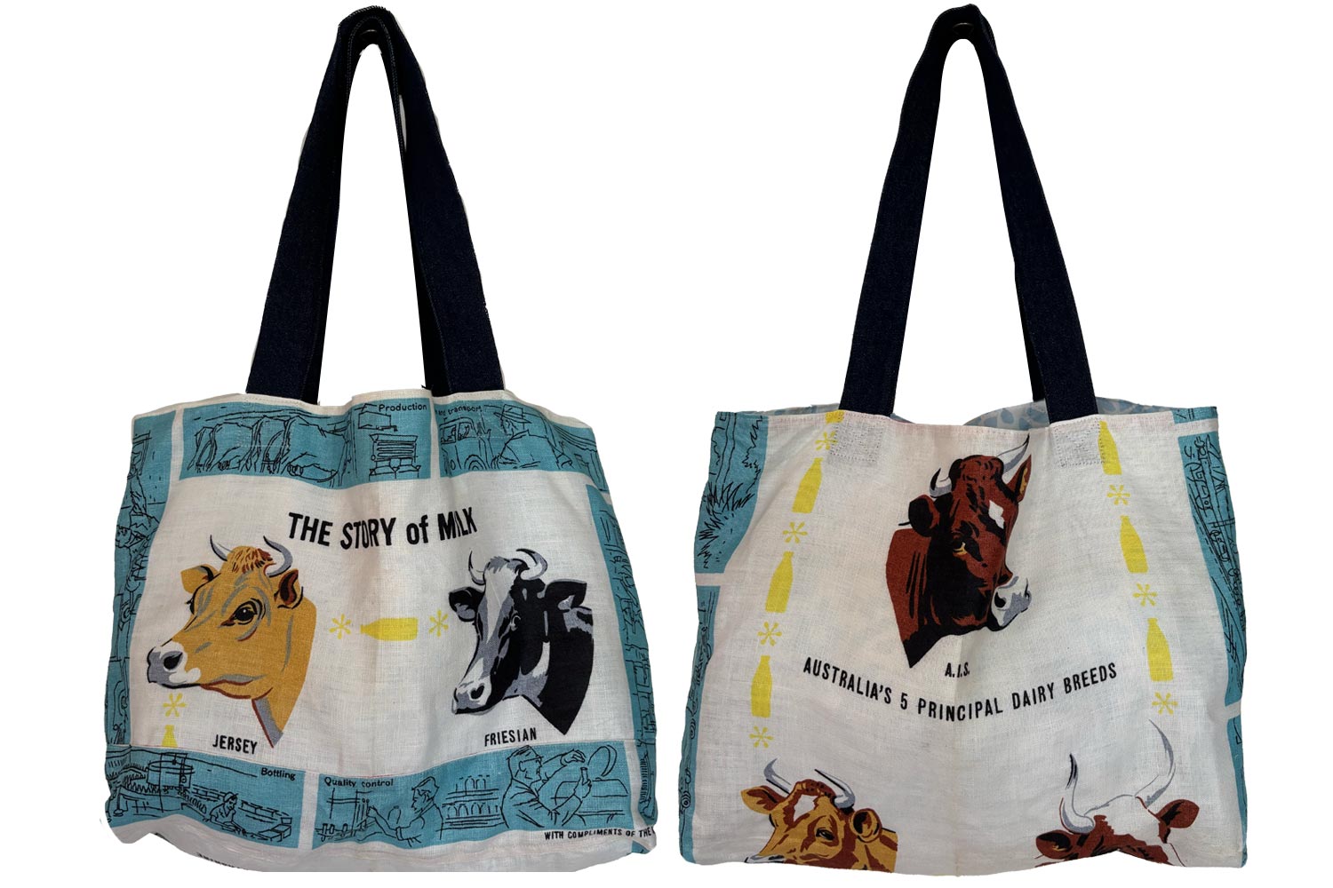 Story of milk teatowel tote bag on white background