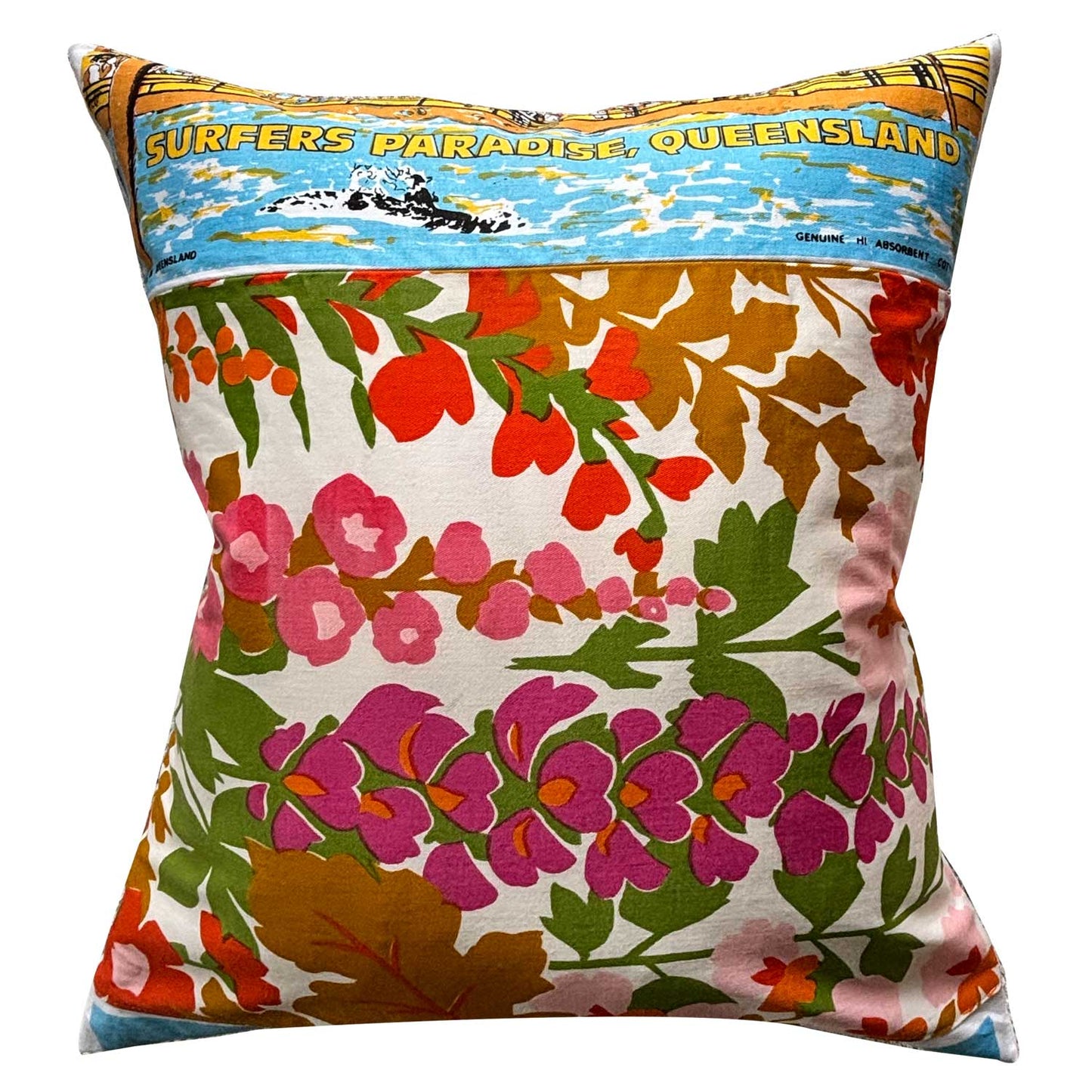 Vintage surfers paradise marine land teatowel cushion cover, reversed with floral cotton, on white background
