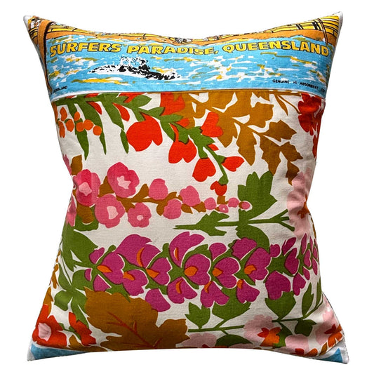 Vintage surfers paradise marine land teatowel cushion cover, reversed with floral cotton, on white background