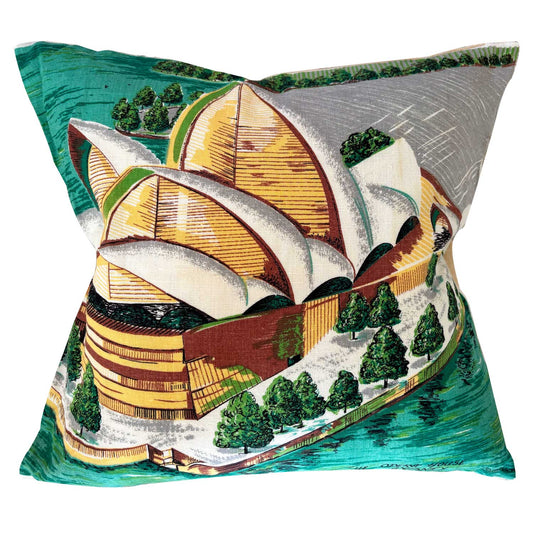 Sydney Opera House vintage linen teatowel repurposed into a cushion cover. photographed on white background for Love And West