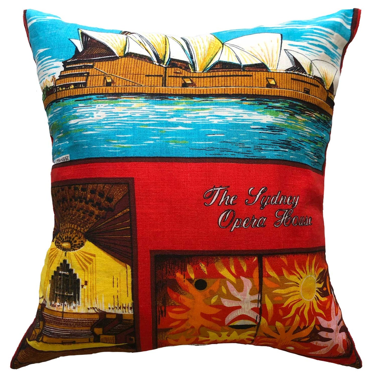 Sydney Opera house vintage linen teatowel cushion cover on white background for Love And West