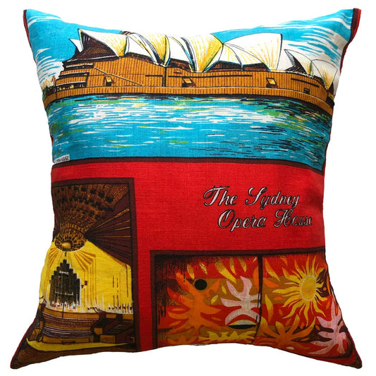 Sydney Opera house vintage linen teatowel cushion cover on white background for Love And West