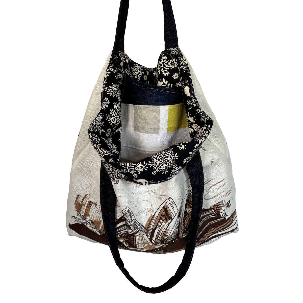 Festival of Sydney teatowel tote interior on white background