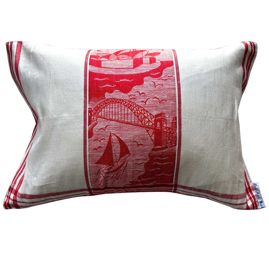 Red and white damask vintage teatowel cushion cover on white background