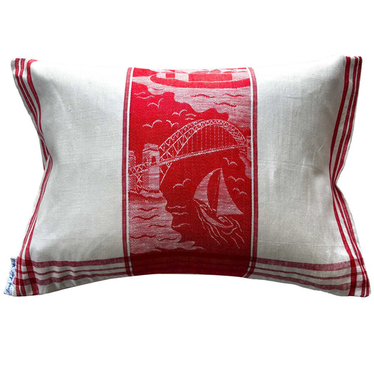 Red and white damask vintage teatowel cushion cover on white background