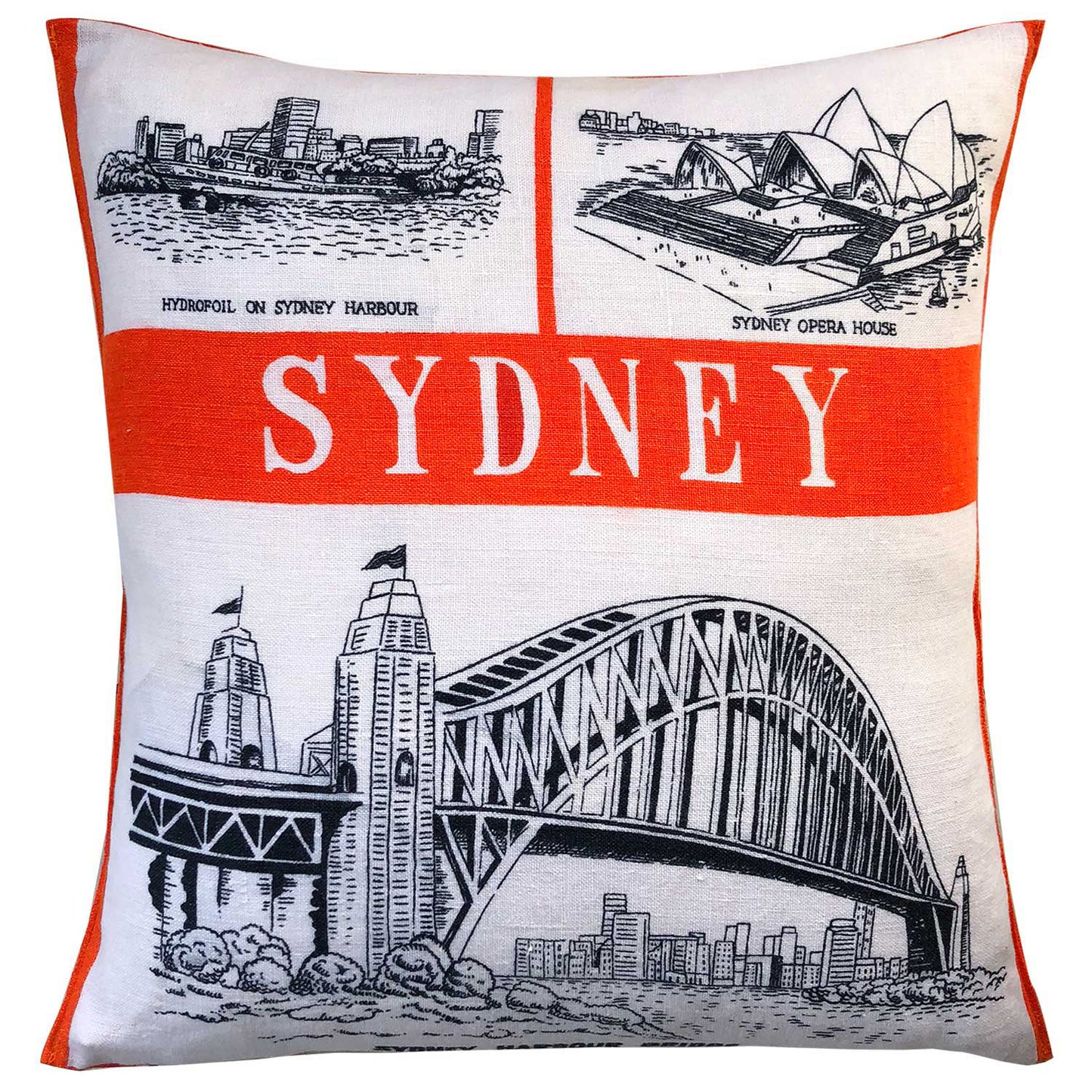 Sydney Harbour vintage linen teatowel cushion cover on white background