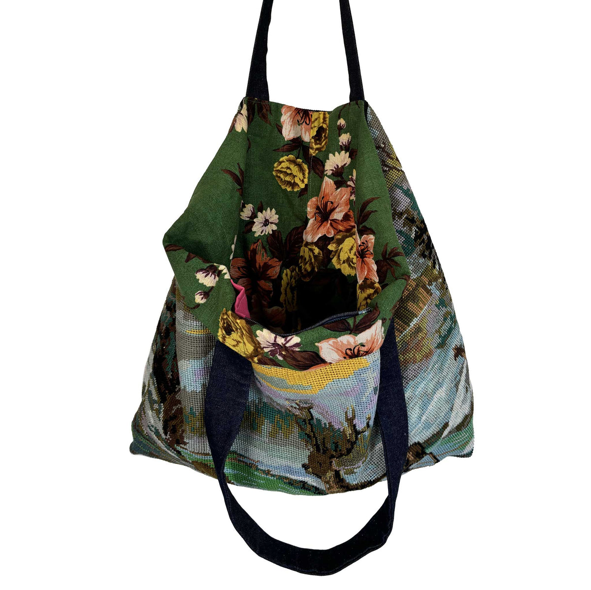 Tapestry tote bag interior on white background