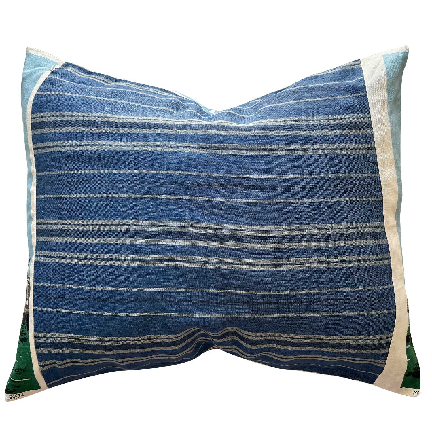 Linen stripe reverse of Decorative vintage linen teatowel pillow with Tower Bridge and Thames River design on white background