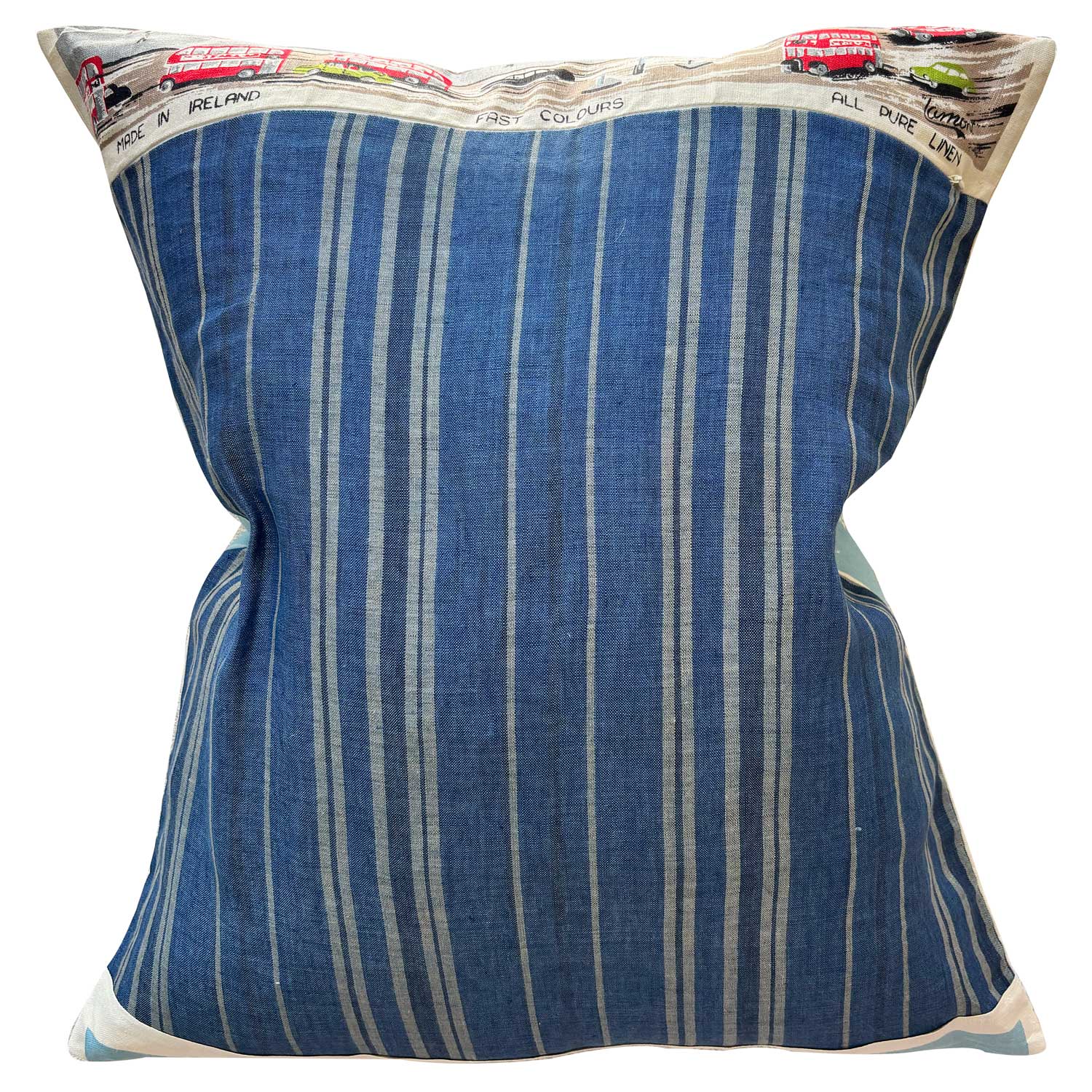Reverse of decorative tea towel pillow with a design of Trafalgar Square, Nelson's Column and surrounding buildings with blue sky, on white background