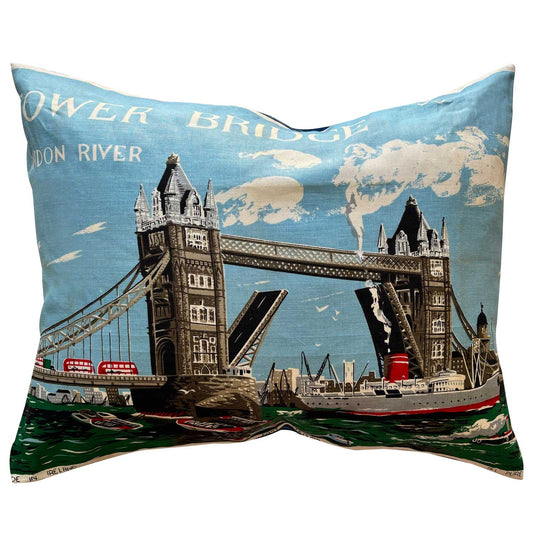 Decorative vintage linen teatowel pillow with Tower Bridge and Thames River design on white background