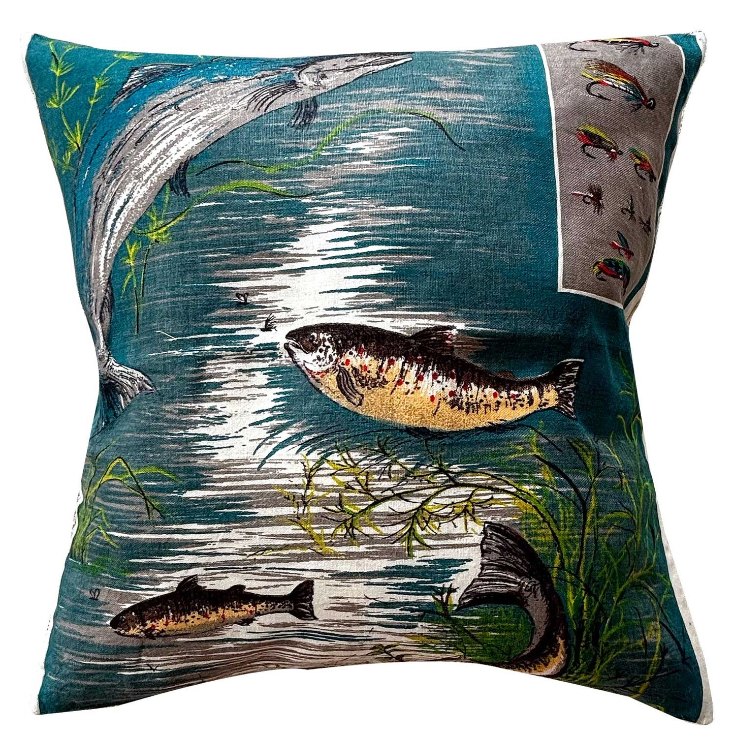 Trout fishing and fishing flies vintage teatowel cushion cover on white background