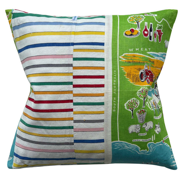 Striped revecrse of decorative pillow with a map of Victoria, Australia, featuring various icons and symbols on a green background