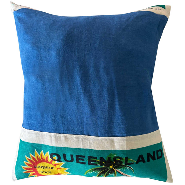 Greetings from Bowen vintage linen teatowel cushion cover on white background