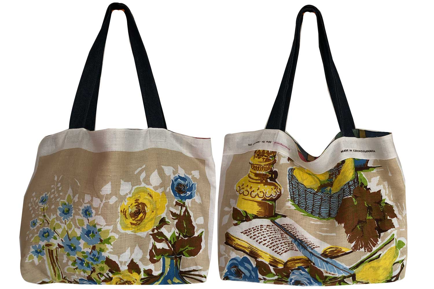 Floral Vintage linen teatowel tote bag