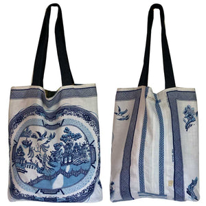 willow pattern teatowel tote bag on white background