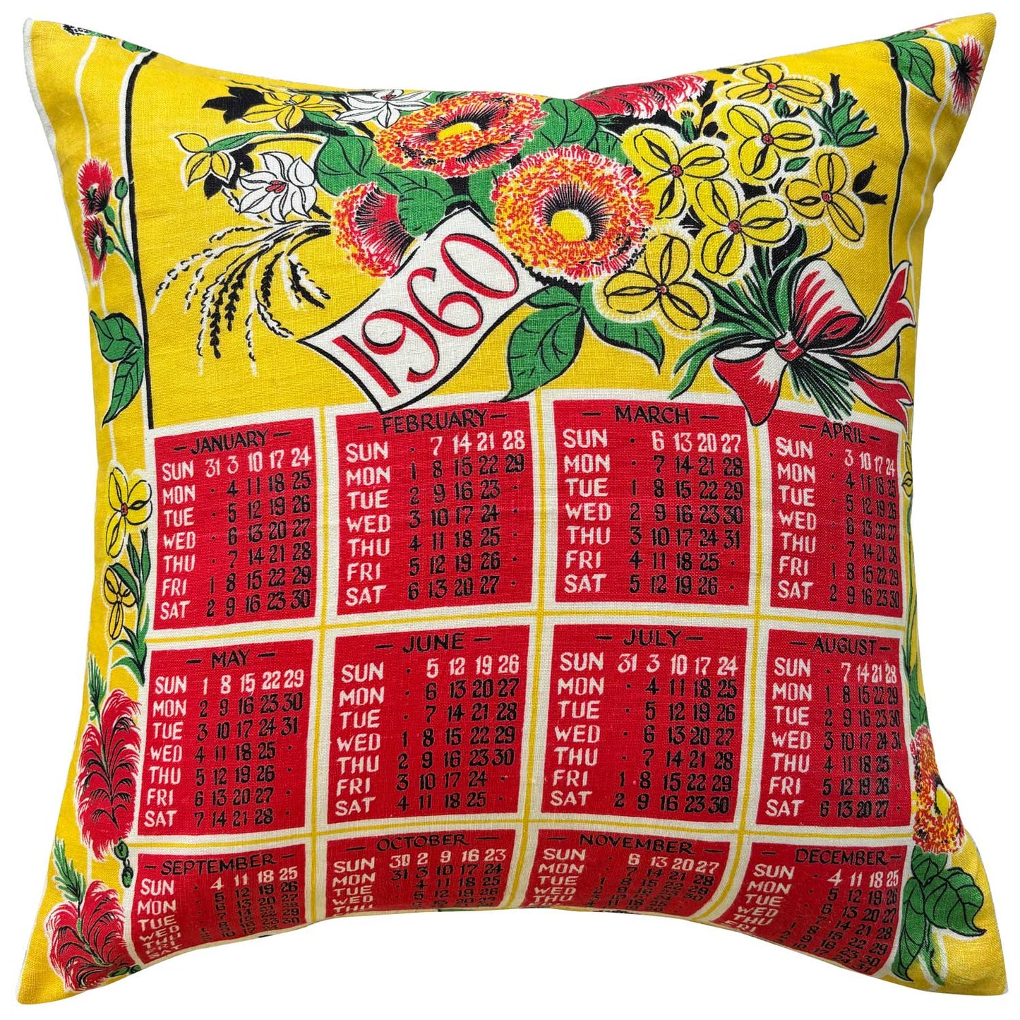 1960 calendar teatowel cushion cover on white background